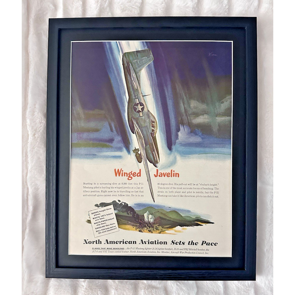 Framed Vintage 1945 North American Aviation P-51 Mustang Pilot Javelin WWII Ad